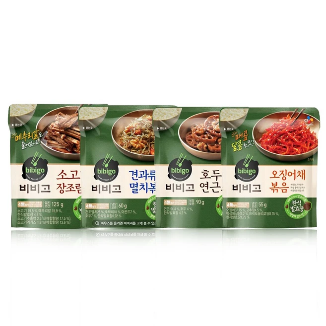 올따옴 CJ 냉장 비비고 (소고기장조림125g+견과류멸치볶음60g+호두연근조림90g+오징어채볶음55g) 4종1세트, 125g