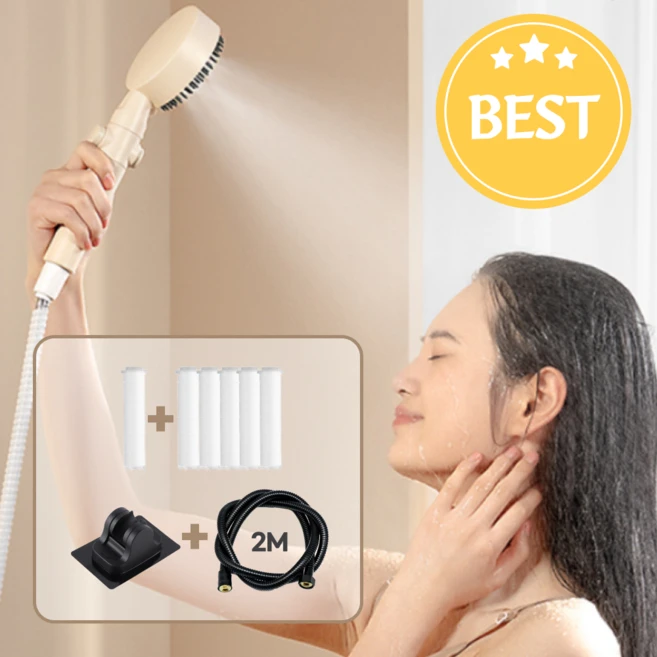 비프르 샤워기헤드 5단 수압조절 절수 샤워호스 세트, 베이지, 1세트