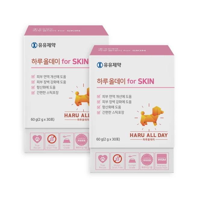 유유제약 하루올데이 for SKIN 강아지 피부 피모 반려견 영양제 습진 모질 발바닥사탕 카제로템, 피부/피모, 2팩