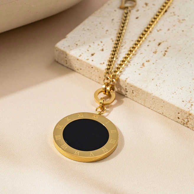 18K 골드 추세 로마 숫자 흑백 양면 롱 목걸이