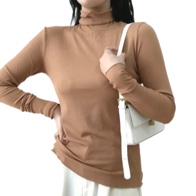 아비토브랜드 2024 겨울 여성 기모 목폴라 니트티 이너 긴팔 프릴 터틀넥