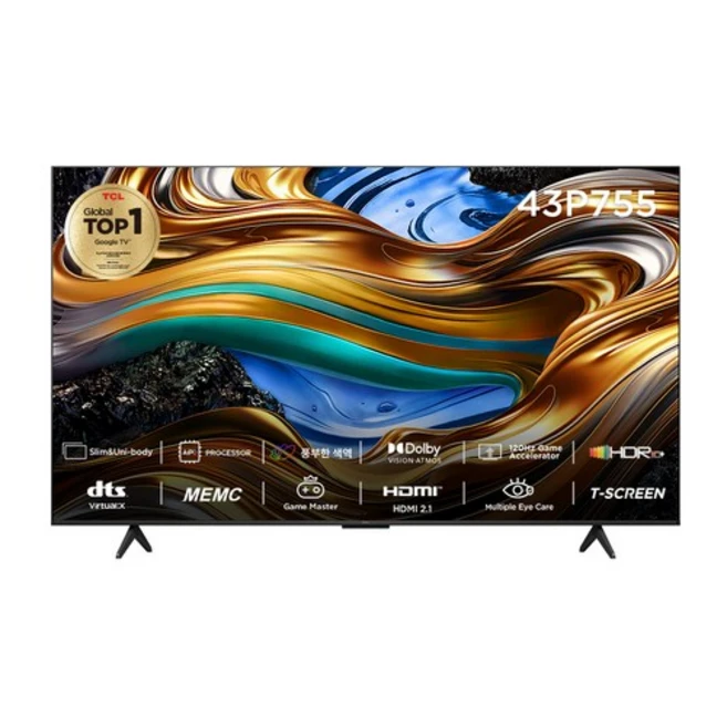 TCL 4K UHD LED 스마트TV, (109cm/(43인치), 43P755, 벽걸이형, 방문설치