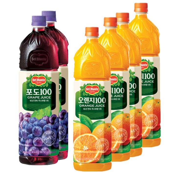 델몬트 오렌지 100 오리지널 주스 + 포도 100 오리지널 주스, 델몬트 오리지널 오렌지 1.5L 4p + 포도 1.5L 2p, 1세트