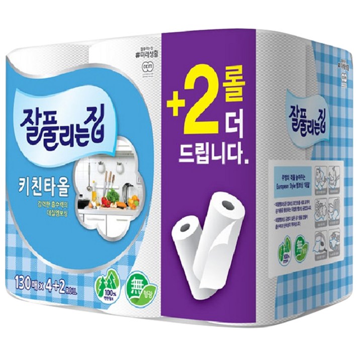 잘풀리는집 천연펄프 키친타올 130매, 6개