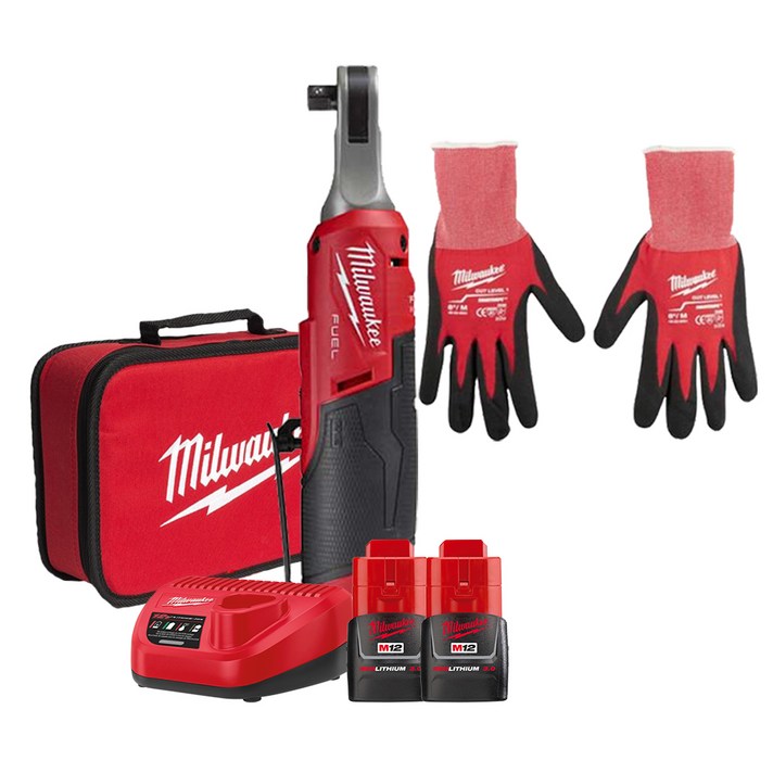 밀워키 12V FUEL 하이스피드 임팩트 라쳇 9.5mm 풀세트 M12 FHIR38(M12 FHIR38-302B) + 밀워키 장갑 M 48-22-8901, 1세트
