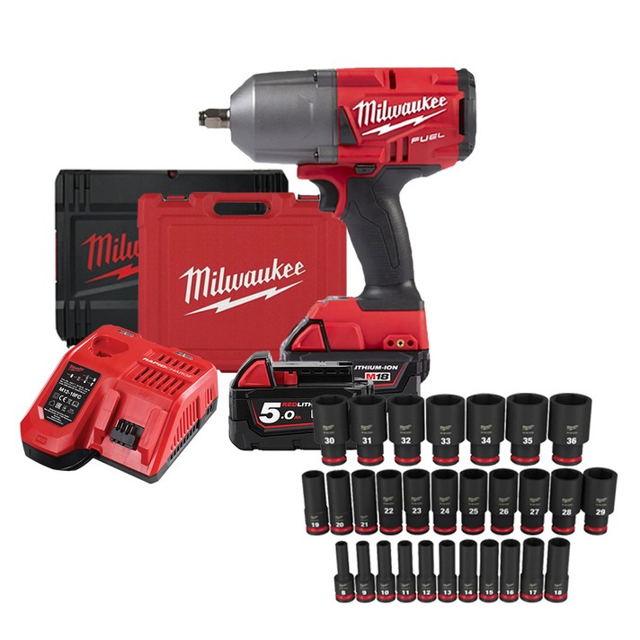 밀워키 18V FUEL 하이토크 임팩트 렌치2 1.3cm 세트 M18 FHIWF12(M18 FHIWF12-502X) + 밀워키 1.3cm 임팩트 롱 소켓 세트 49-66-7015, 1세트