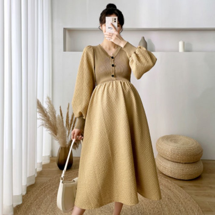 임산부 V넥 퍼프 소매 패션 그물 긴팔 임부복 원피스