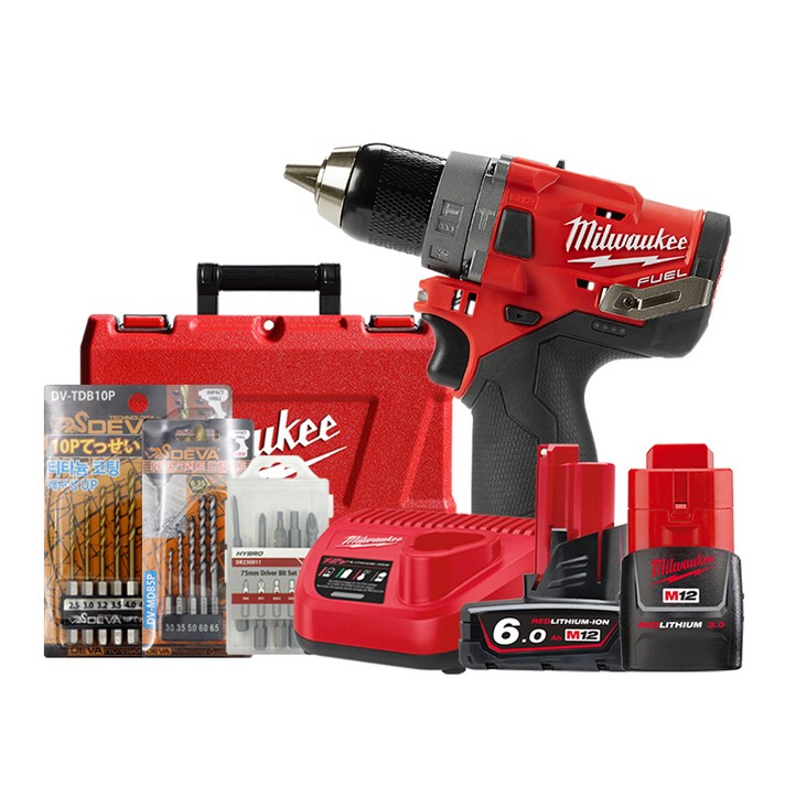 밀워키 12V FUEL 해머 드릴 드라이버 세트 M12 FPD-632C + 콘크리트 + 금속 + 드라이버팁 비트 풀세트, 1세트
