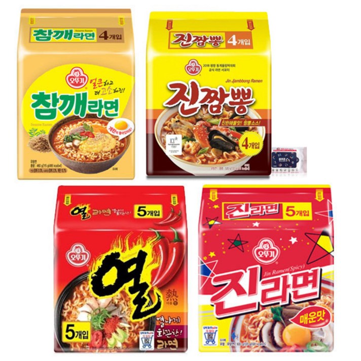 오뚜기 진라면 매운맛 + 진짬뽕 + 참깨라면 + 열라면 + 블루존 항균 물티슈 세트, 1세트