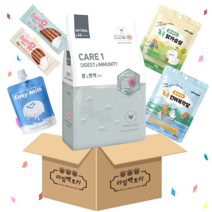 네추럴랩 고양이사료 케어1 장&면역 2kg+이지밀크50ml+네이처알로촉촉닭가슴살1p+네이처알로연어복막살1p+헤이뮤장어져키1p+헤이뮤붉은대게져키1p