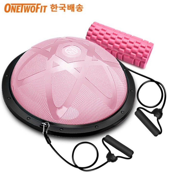 OneTwoFit 밸런스 돔볼 요가 필라테스 세트 보수볼 58cm + 튜빙밴드 2p + 마사지 폼롤러, 돔볼+폼롤러, 핑크+핑크