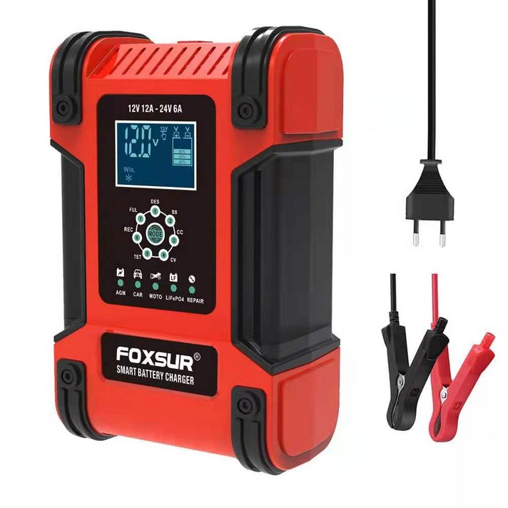 FOXSUR 자동 배터리충전기 T12 펄스복원 12V12A 24V6A 오토바이 자동차 배터리 충전기