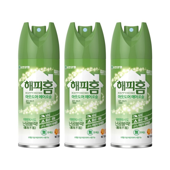 해피홈 아웃도어 에어로솔 150mL (모기 진드기 기피제), 3개