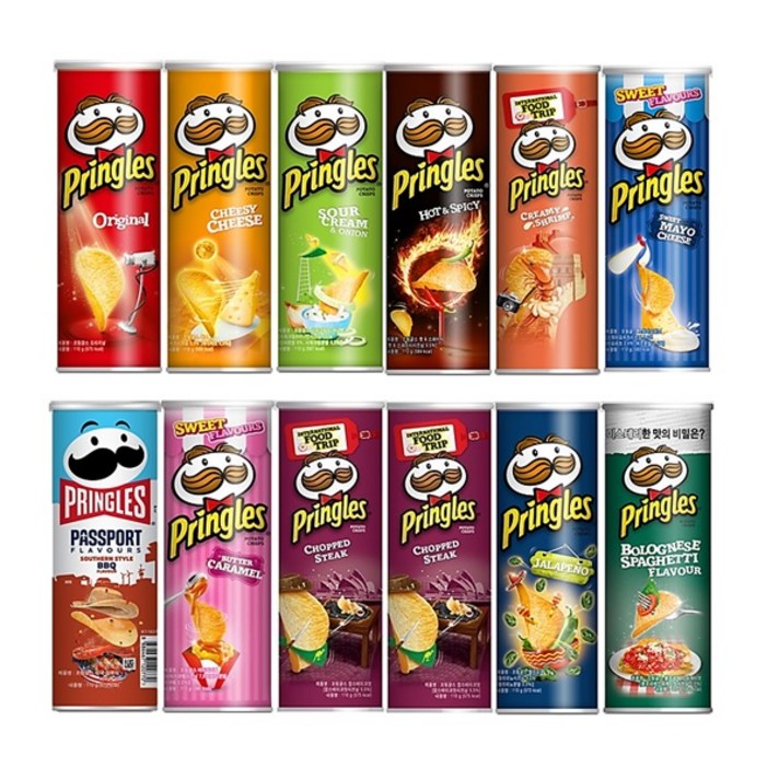 프링글스칩 110g 12종(클래식+치즈+사워크림&어니언+핫스파이시+크리미쉬림프+마요치즈+버터카라멜+블랙페퍼+버팔로윙+찹스테이크+할라피뇨+볼로네제스파게티))