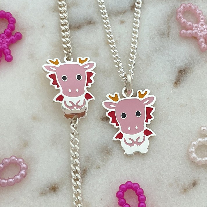 분홍 용띠 미아방지목걸이 미아방지팔찌 실버 은제품 아기목걸이 조카선물 백일선물 돌선물