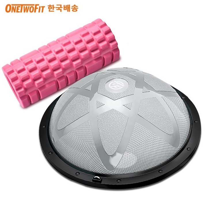 OneTwoFit 밸런스 돔볼 요가 필라테스 세트 보수볼 58cm + 튜빙밴드 2p + 마사지 폼롤러, 돔볼+폼롤러, 그레이+핑크