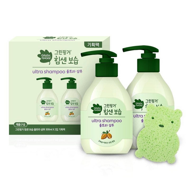 그린핑거 힘센 보습 울트라 샴푸 기획팩 300ml x 2p + 베이비 샤워 퍼프 세트, 1세트