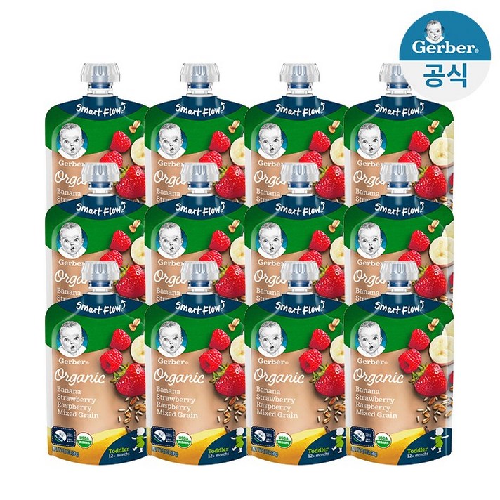 거버 오가닉 파우치 바나나 딸기 라즈베리 믹스그레인 9+3(총12개)