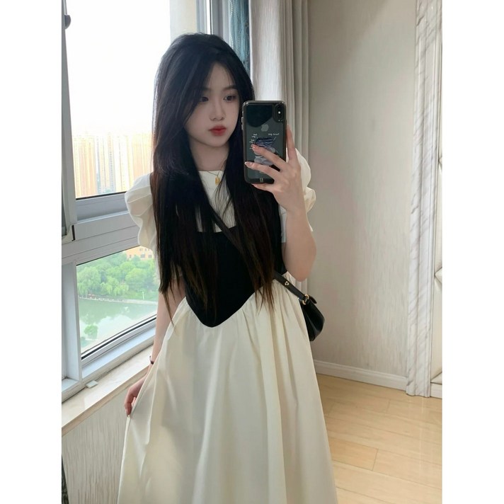 ANYOU 스커트 프렌치 디자인 롱 기질 허리 날씬 원피스 스타일리쉬 데일리 플리츠원피스