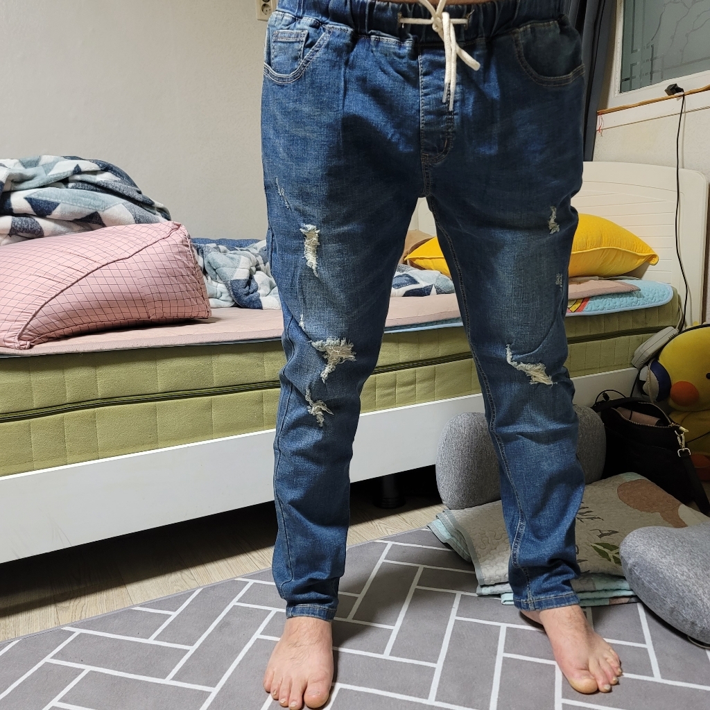 데님공방 남성용 스판 밴딩찢청 슬림일자핏 디스진 데미지 데님팬츠 리뷰후기