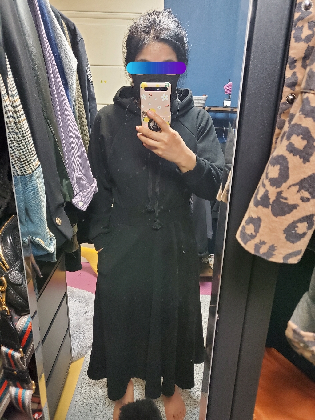 이힝 허리밴딩 루즈핏 롱 후드원피스