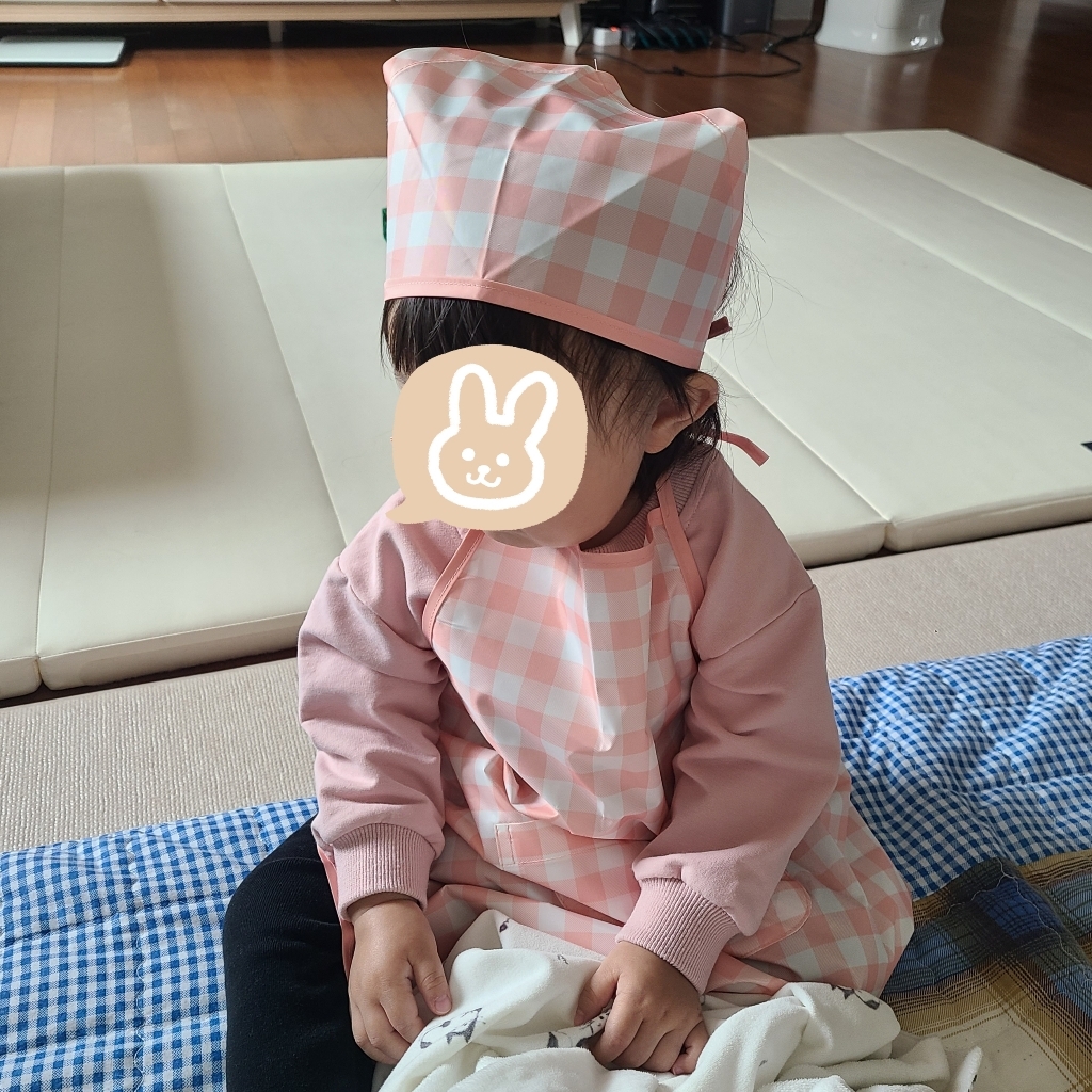더해피 아동용 목끈형 앞치마 두건 토시 체크