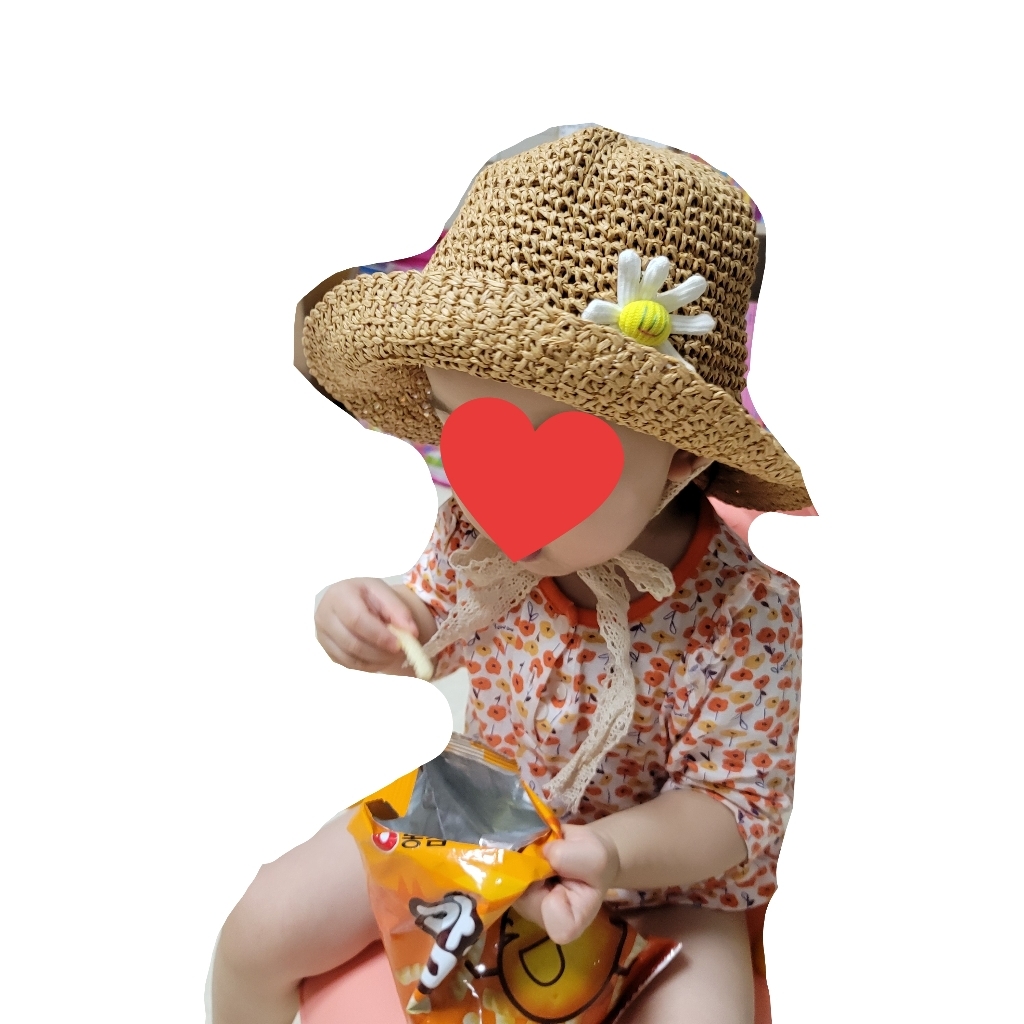 우주아이 여아용 마가렛 레이스끈 벙거지 밀짚 모자