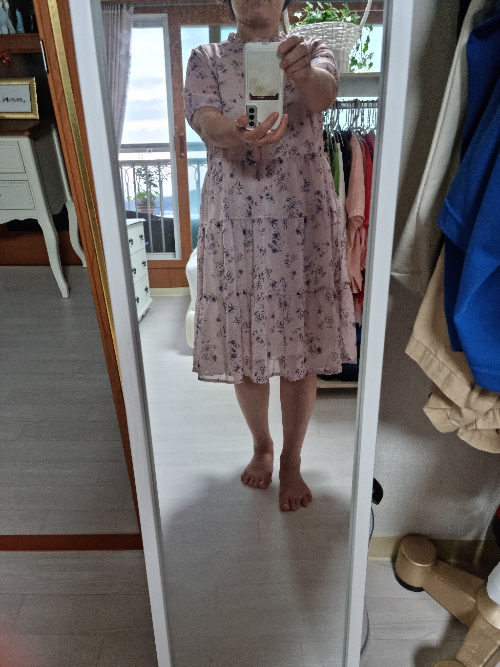 페이퍼먼츠 헨리넥 플라워 쉬폰 반팔 플레어 미니 원피스 02099
