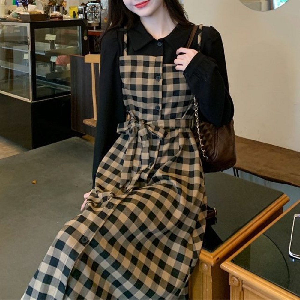 ANYOU 빈티지 체크 원피스, 가을 스타일 완성!
