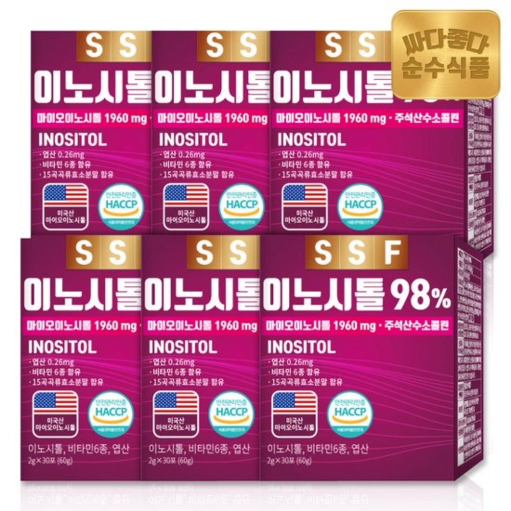 순수식품 미오이노시톨 98% 콜린 6박스(180포) 엽산 비타민B12 B6 니코틴산아미드 판토텐산칼슘, 6개