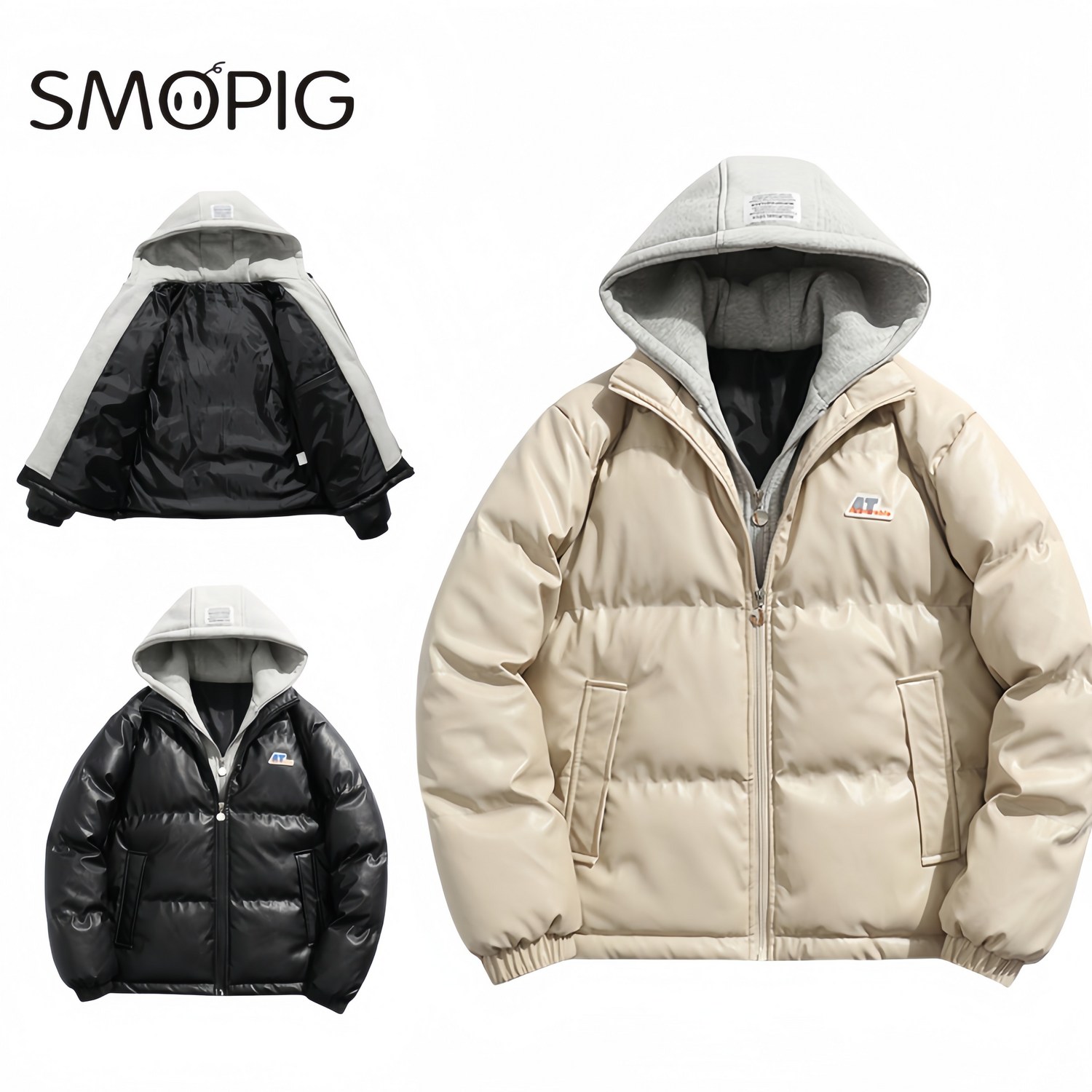 SMOPIG 남성 겨울 후드 패딩 빅사이즈 남자 가죽 패딩