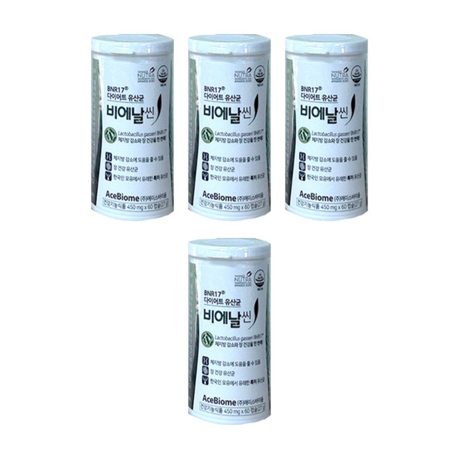 다이어트 유산균 비에날씬 450mg x 60캡슐 비엔나17유산균 체지방감소 다이어트유산균 bnr17유산균 효능 비애날씬 비앤날씬 다이어트영양제 내장지방 장건강, 60정, 4박스
