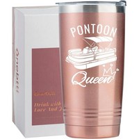 Onebttl Pontoon 보트 선물 소유자 연인을 위한 텀블러 유출 방지 뚜껑과 빨대가 있는 20oz 스테인리스 기프트 카드 박스 포함 네이비 블루 선장, Rose Gold-Pontoon Queen