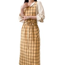한스데이 수채화 체크 린넨 롱 원피스 앞치마, 겨자, 1개