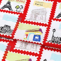 릴리블레이크 에펠탑 우표 30수 코튼 패브릭 원단, 화이트 + 레드