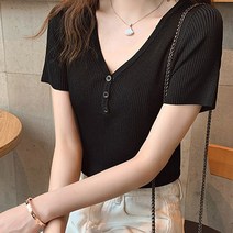 공블리 여성용 버튼 V넥 골지 반팔 니트 CST1240