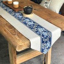 알럽홈 고전패턴 꽃자수 테이블러너, 베이지네이비, 30 x 250 cm