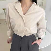플랜데이 여성용 베이직 오픈 카라 긴팔 블라우스