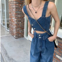 메이첼 여성용 투빅 데님 나시 크롭 청 탑 00497