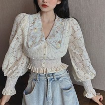 비비에모 플라워 레이스 진주 링 밴딩 숏 블라우스 00962