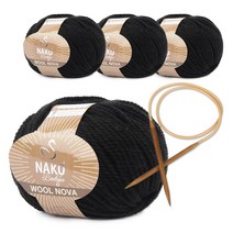 브랜드얀 울노바 뜨개실 4p + 고급 누디 흑대바늘 6mm 세트, 217 블랙(실), 랜덤발송(대바늘)