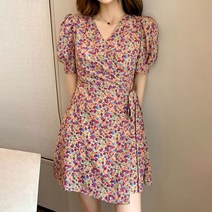 풍깍쟁이 여성용 플라워 사이드 리본 레트로 슬림 원피스