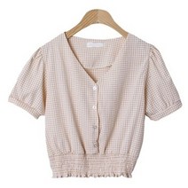 여성용 카르보 고방체크 스모크 반팔 블라우스 BL4672K25