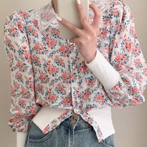 비비에모 레이스카라 빈티지 플라워 숏 블라우스 01758