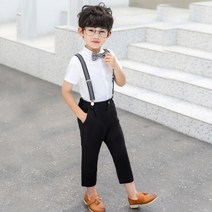 베베몽스토리 남아용 신사 반팔 + 긴바지 + 멜빵 + 나비 넥타이 정장 세트