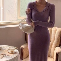 페이퍼먼츠 슬림핏 카라브이넥 롱 니트 원피스 03121