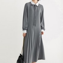 페이퍼먼츠 리본 카라넥 플리츠 배색 포인트 롱 원피스 03109