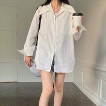 페이퍼먼츠 여성용 지퍼 셔츠 카라 루즈핏 미디 롱 셔츠 03102