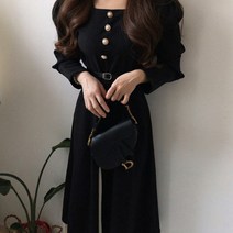 비비에모 가을 페이크 투피스 스티치 허리 벨티드 플레어 롱 원피스 02021