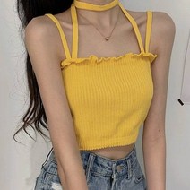 몬드스팟 여성용 니트 홀터넥 프릴 크롭 나시티 JN353